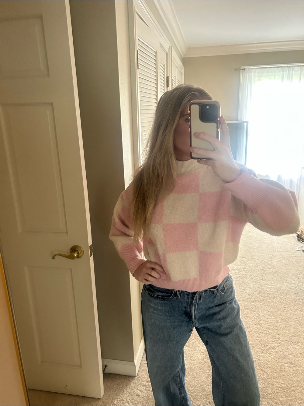 Beginning Boutique Pink and Cream Checkerboard Crewneck Sweater